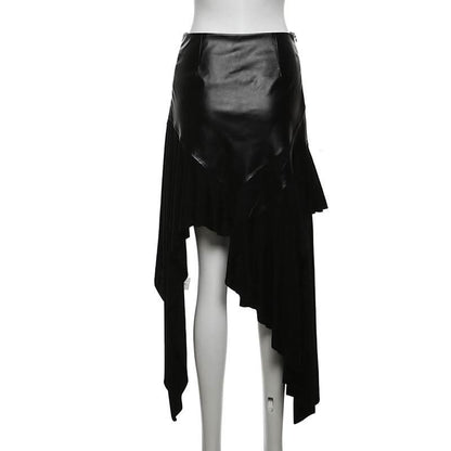 PU leather patchwork irregular midi skirt