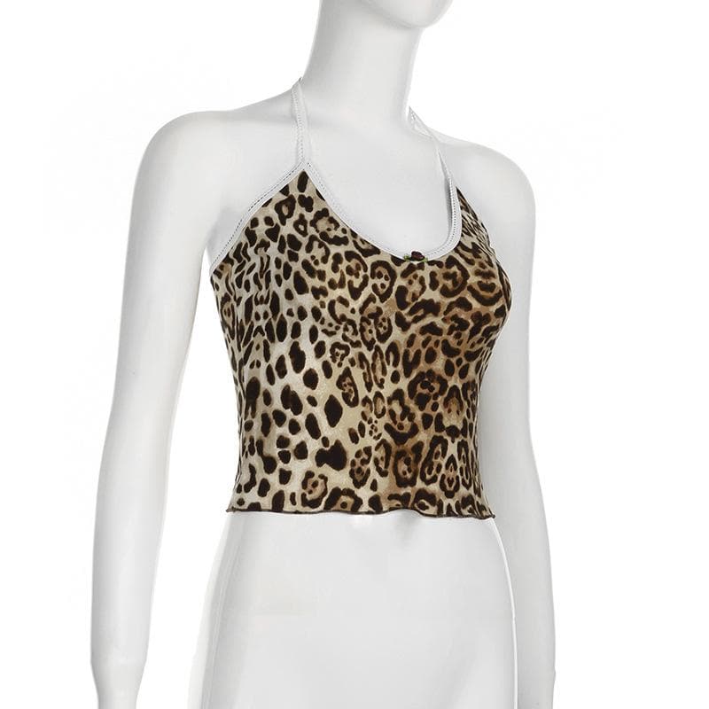 Leopard print halter v neck flower applique cami top