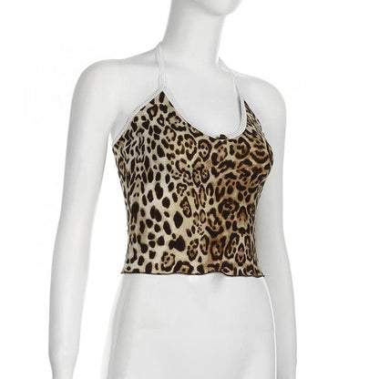 Leopard print halter v neck flower applique cami top