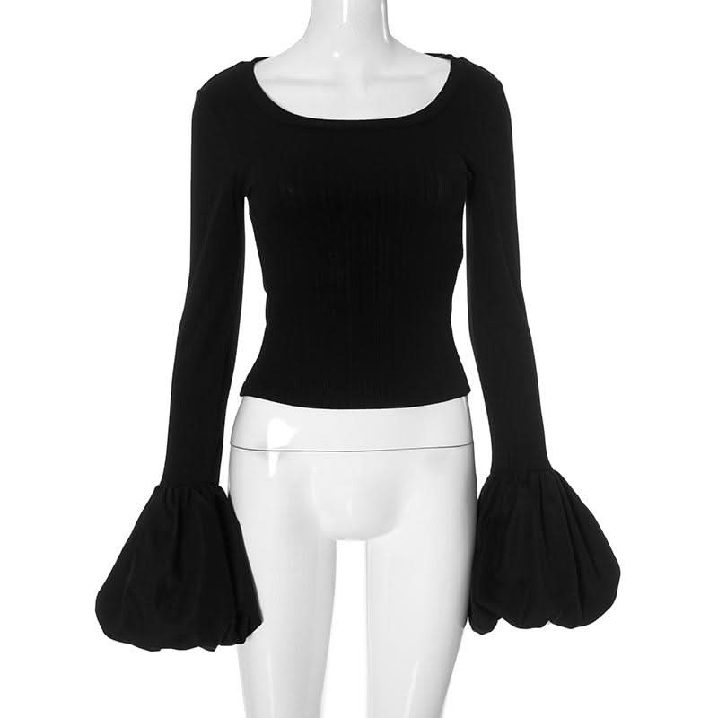 Long puff sleeve round neck ribbed ruched top