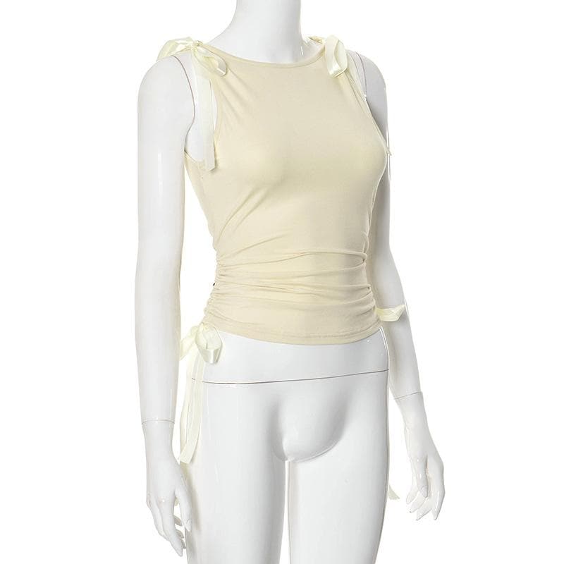 Bowknot ribbon drawstring ruched sleeveless top
