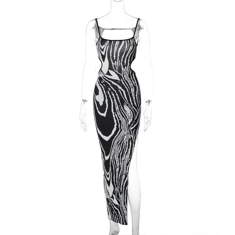 Zebra print contrast irregular slit hollow out backless cut out midi dress