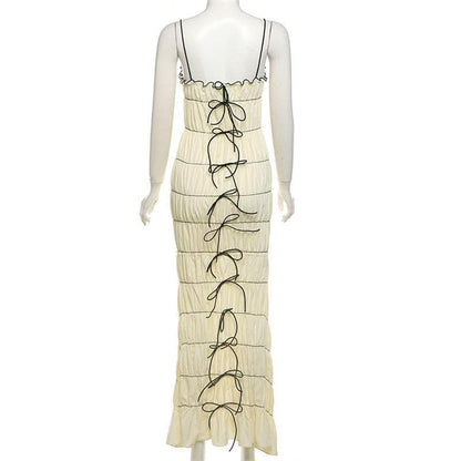 Smocked ruffle ruched bowknot cami maxi dress