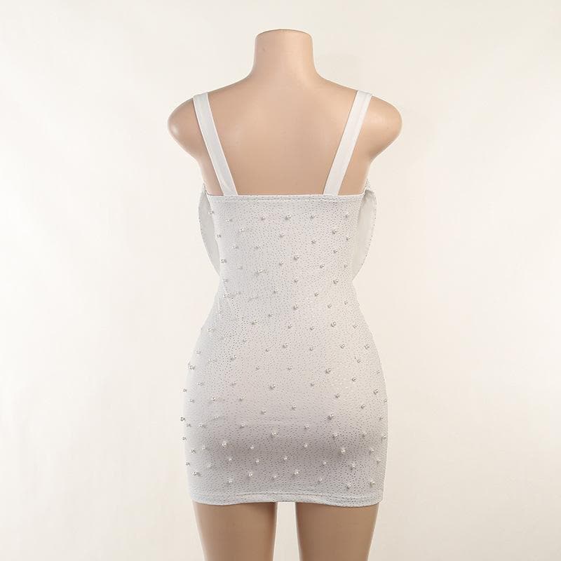 Cowl Overlay Sweetheart Cutout Rhinestone Pearl Beaded Sleeveless Mini Dress
