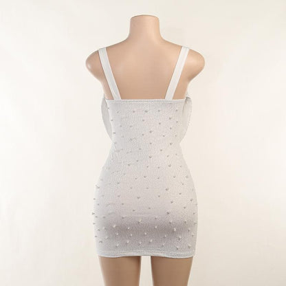 Cowl Overlay Sweetheart Cutout Rhinestone Pearl Beaded Sleeveless Mini Dress