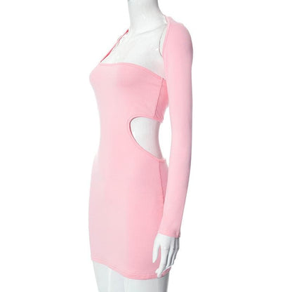 One Shoulder Long Sleeve Waist Cutout Bodycon Mini Dress