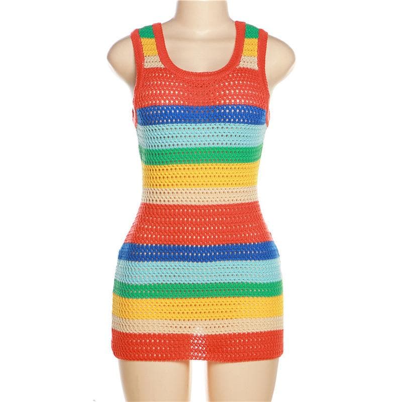 Striped Open-Knit Crochet Scoop Neck Tank Bodycon Mini Dress