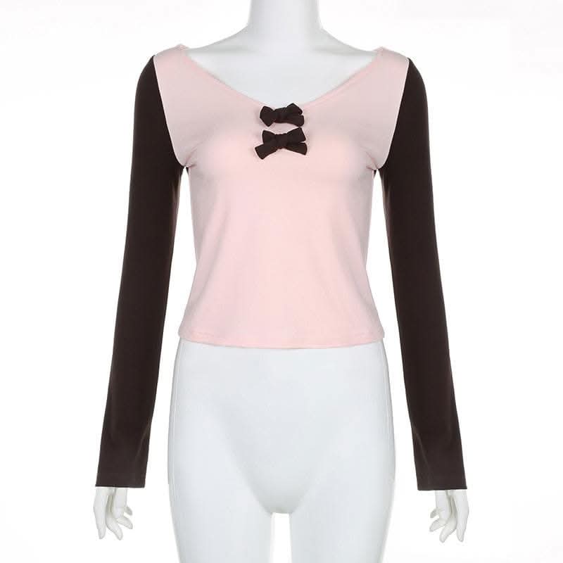 Bowknot contrast patchwork long sleeve v neck top-final-sale