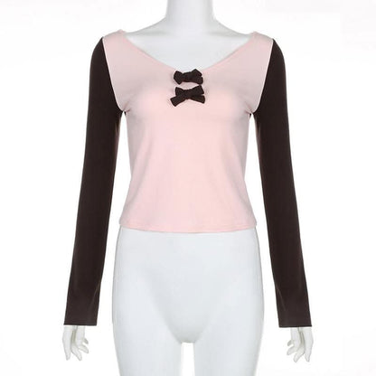 Bowknot contrast patchwork long sleeve v neck top-final-sale