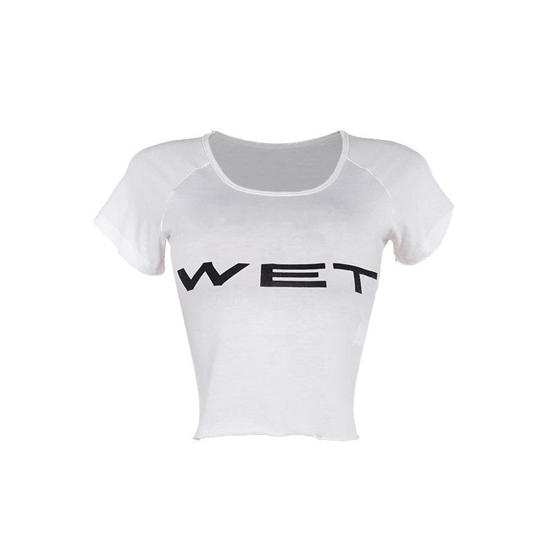 Short sleeve “WET” ruffle u neck top