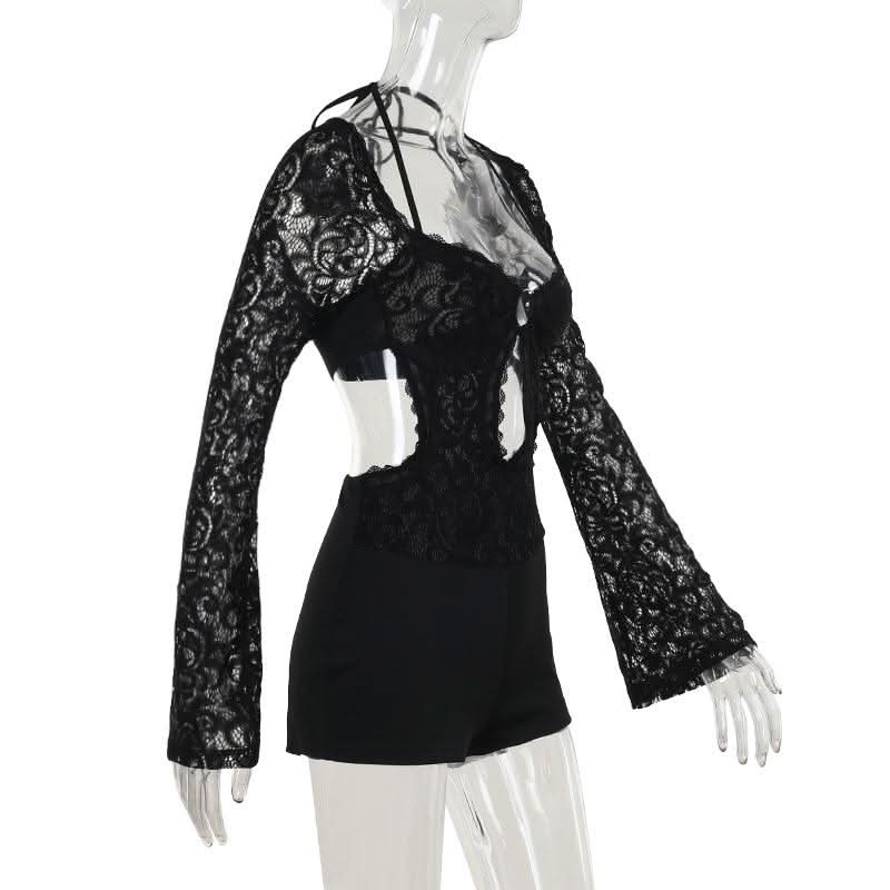Long sleeve halter self tie lace hollow out romper