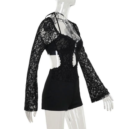 Long sleeve halter self tie lace hollow out romper