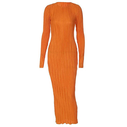 Long sleeve crewneck ruffle textured solid maxi dress