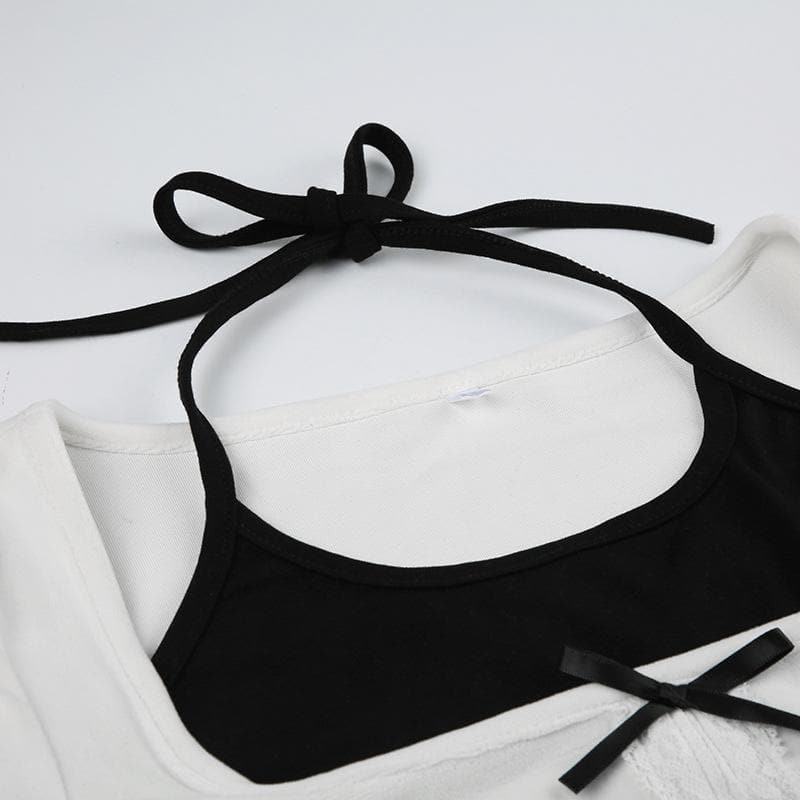 Long sleeve bowknot halter ruched 2 piece top