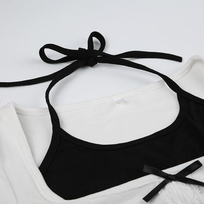 Long sleeve bowknot halter ruched 2 piece top
