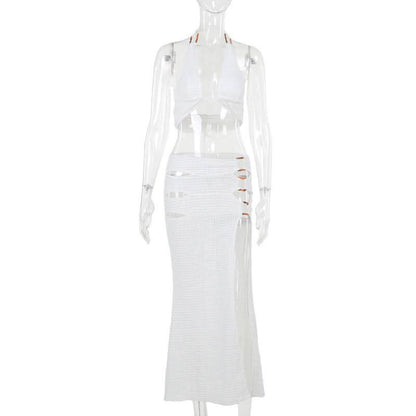 Halter hollow out slit self tie irregular cut out midi skirt set