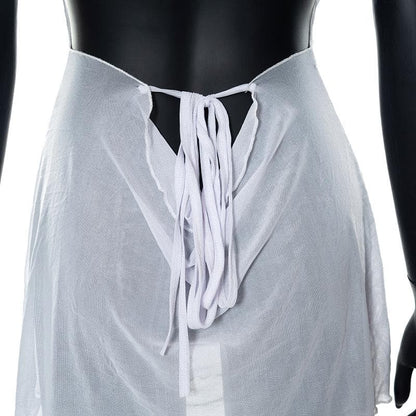 Halter cowl neck sheer mesh ruffle mini dress