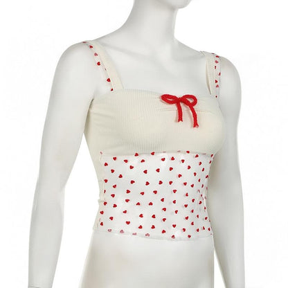 Bowknot ribbed heart pattern mesh cami top