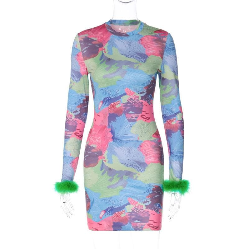 Feather crewneck contrast print long sleeve mini dress