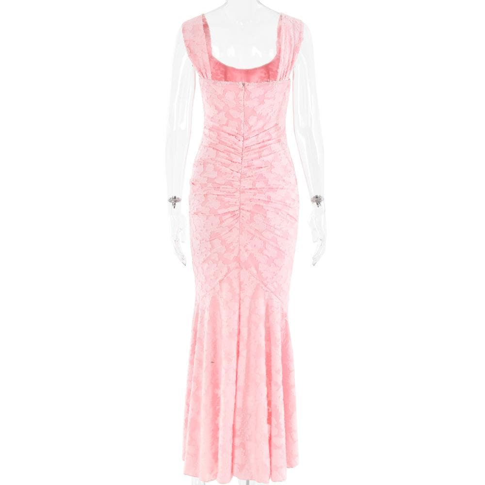 U neck zip-up ruched bustier ruffle cami maxi dress