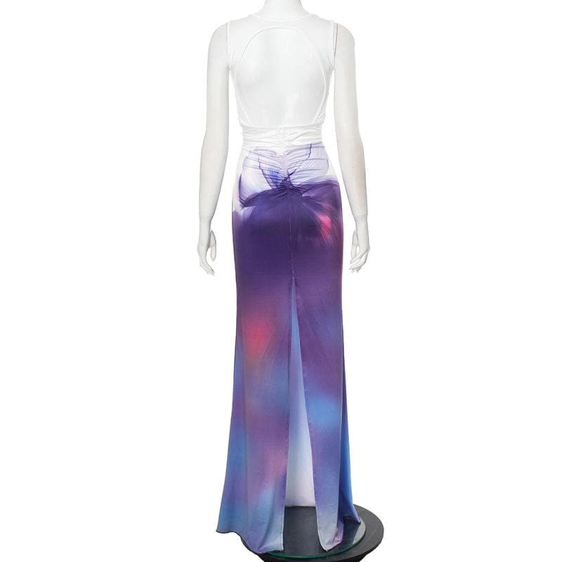 Sleeveless tie dye o ring ruched maxi dress