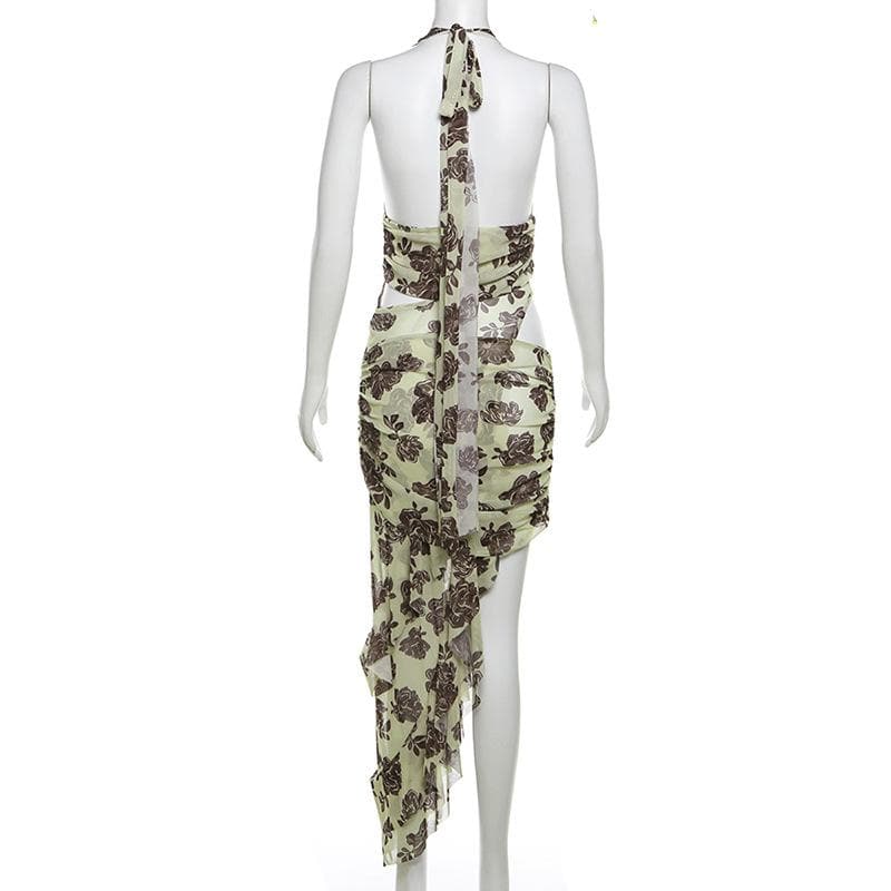 Halter flower print ruched ruffle midi dress-final-sale