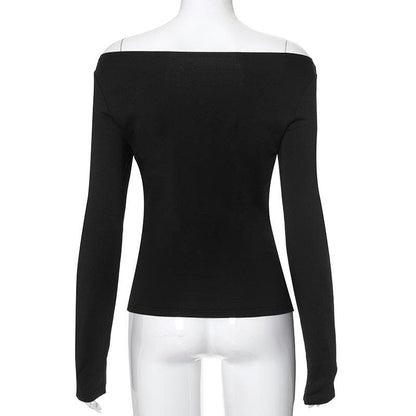Long sleeve off shoulder buckle hollow out contrast cut out top