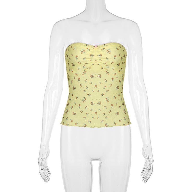 Ruched ruffle print flower applique tube top