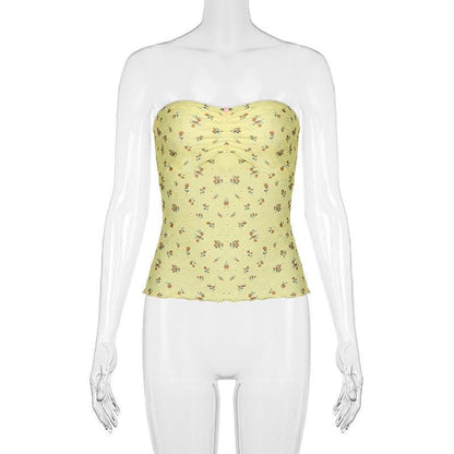 Ruched ruffle print flower applique tube top