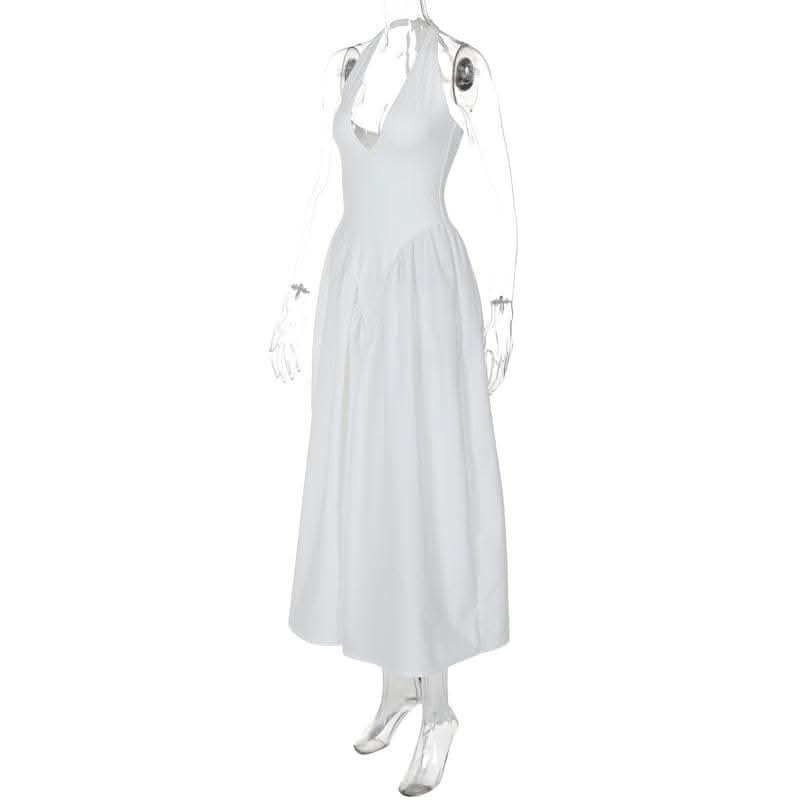 Halter v neck ruched knotted midi dress-final-sale
