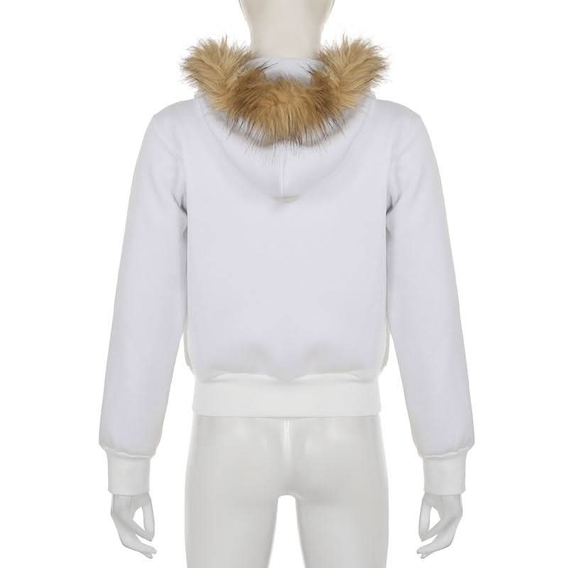 Zip-up beaded fluffy hoodie bowknot long sleeve top