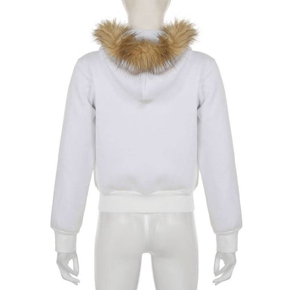 Zip-up beaded fluffy hoodie bowknot long sleeve top