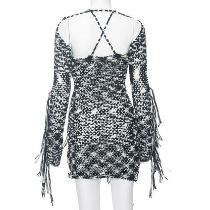 Long sleeve knitted tassels cross back contrast mini dress