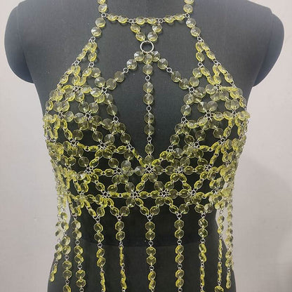 Halter o ring hollow out crystal tassels cut out top