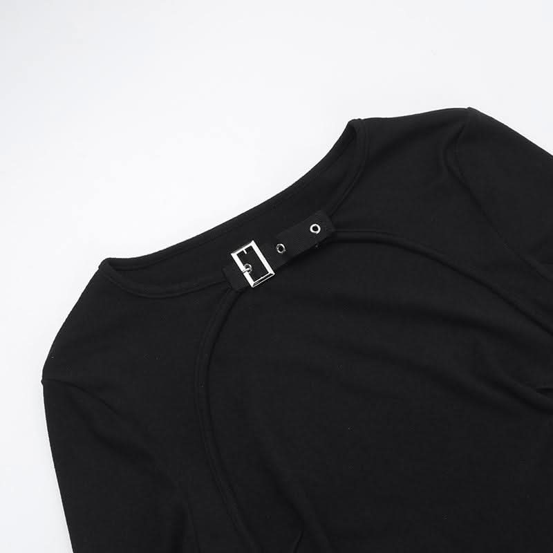 Long sleeve hollow out buckle crewneck cut out maxi dress