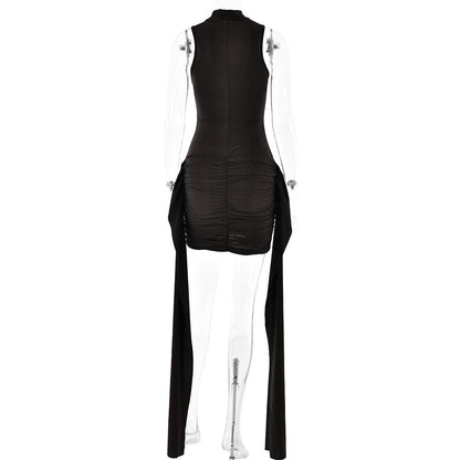 High neck ruffle ruched solid mini dress
