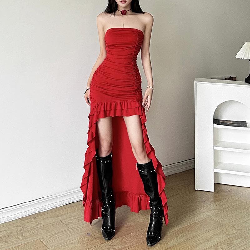 Ruched ruffle solid backless tube maxi dress