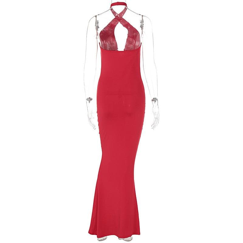 Halter ruched backless solid cross front maxi dress