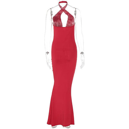 Halter ruched backless solid cross front maxi dress