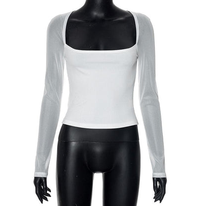 Long sleeve square neck ribbed patchwork top