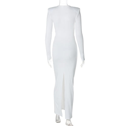 Long sleeve crewneck padded hollow out slit cut out maxi dress