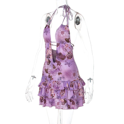 Deep v neck halter flower print ruffle mini dress