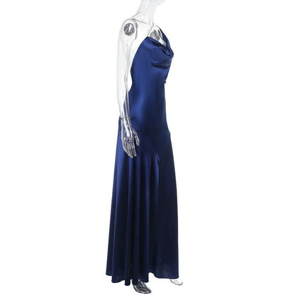 Irregular cowl neck self tie spaghetti strap maxi dress