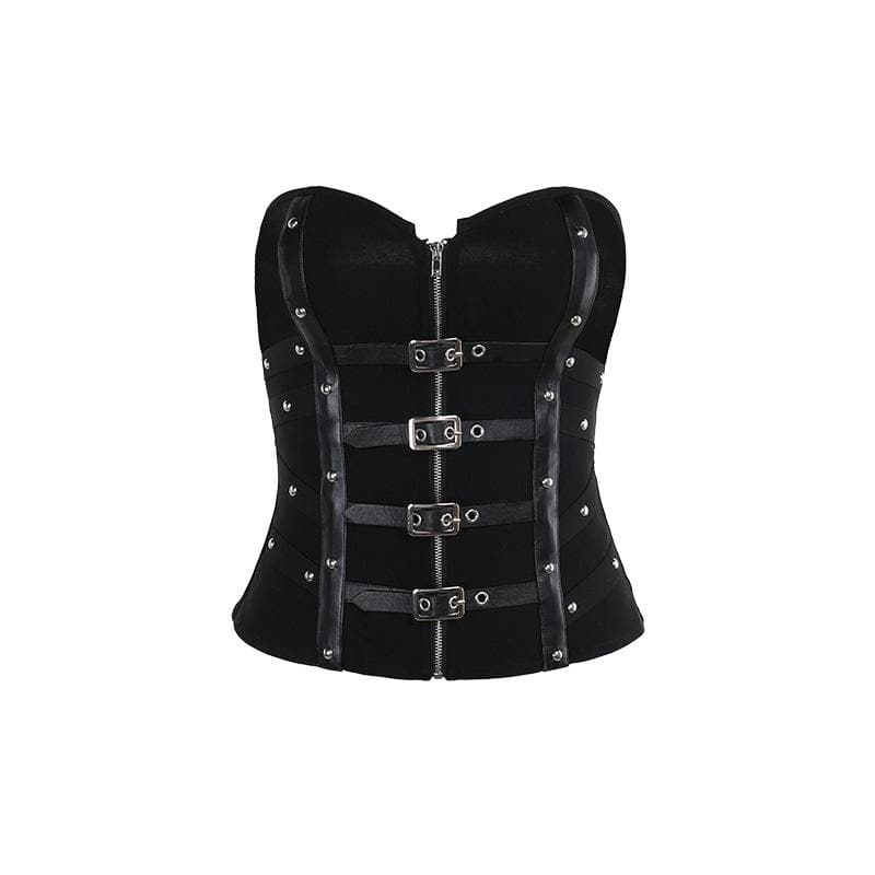 PU leather patchwork buckle zip-up tube top