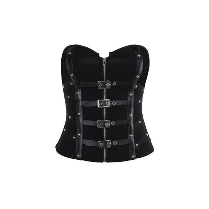 PU leather patchwork buckle zip-up tube top