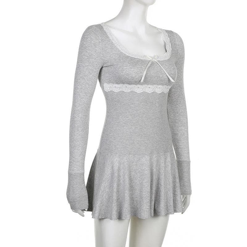 Lace Trim Scoop Neck Bow Empire Waist Ribbed Long Sleeve Flared Mini Dress