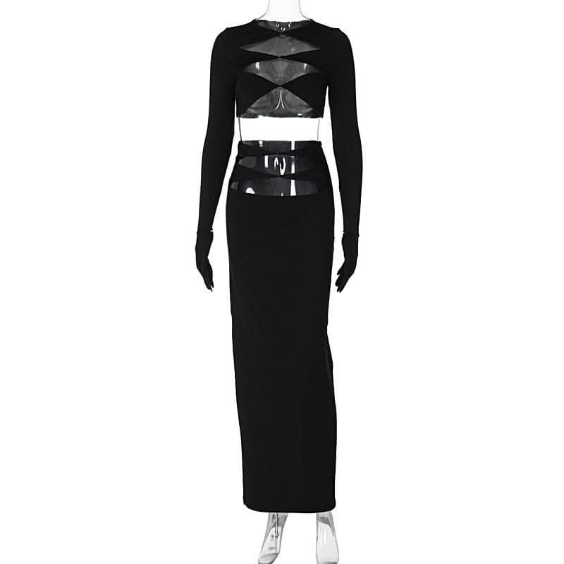 Long sleeve crewneck gloves hollow out solid maxi skirt set-final-sale