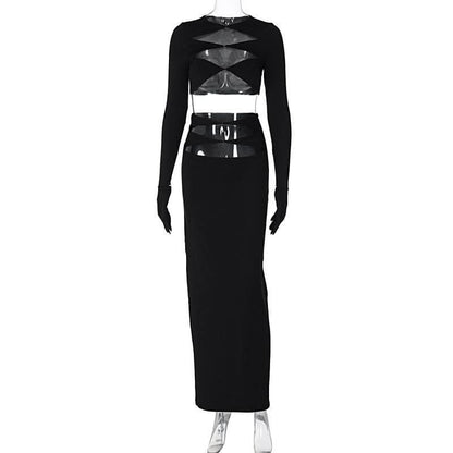 Long sleeve crewneck gloves hollow out solid maxi skirt set-final-sale