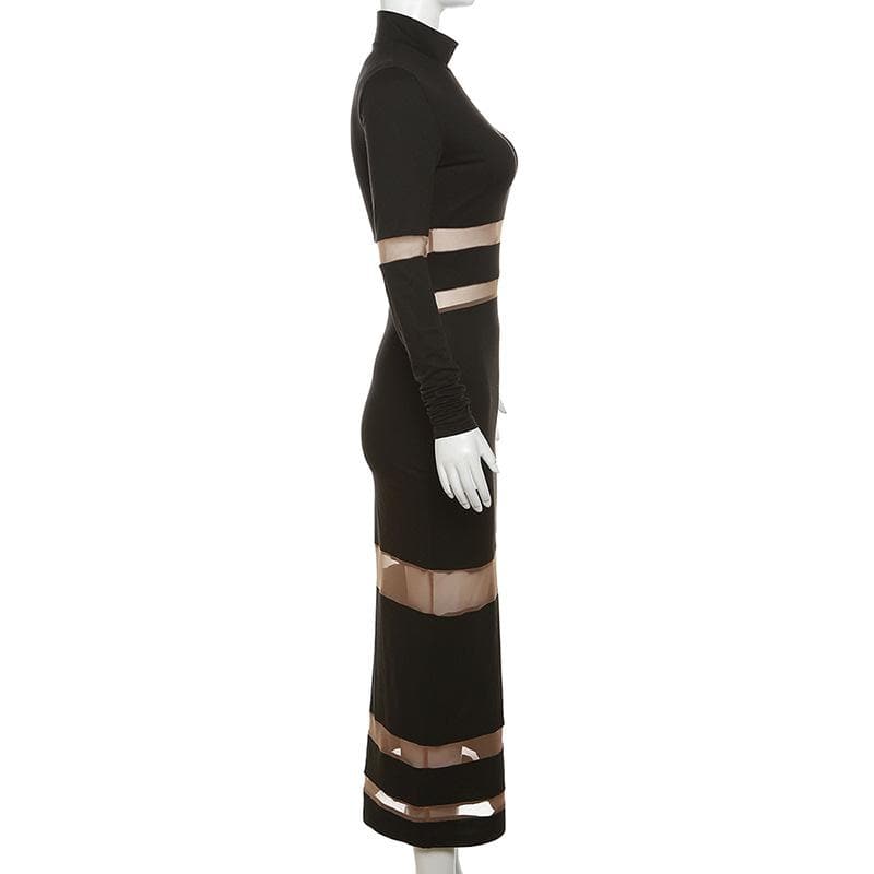 High Neck Mesh Panel Contrast Long Sleeve Bodycon Maxi Dress