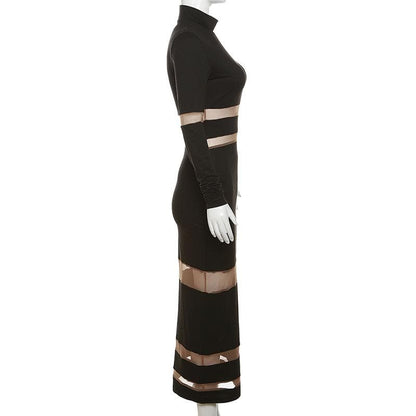 High Neck Mesh Panel Contrast Long Sleeve Bodycon Maxi Dress